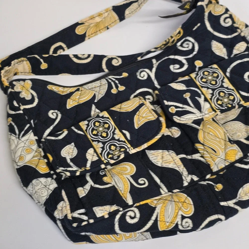 Vera Bradley Quilted Crossbody Bag Womens Black Yellow Bird Floral Boho - Picture 3 of 13